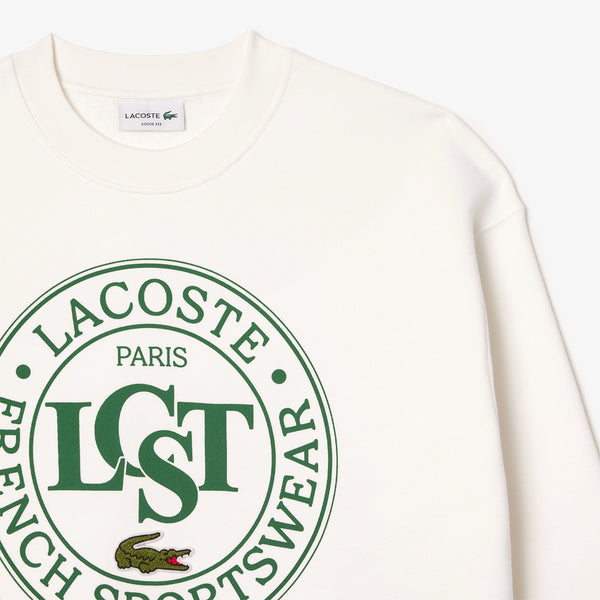 Lacoste Loose Fit Printed Fleece Sweatshirt in White Nigel Clare