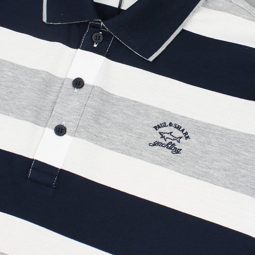 Paul & Shark - Striped Polo Shirt in White Grey & Navy - Nigel Clare