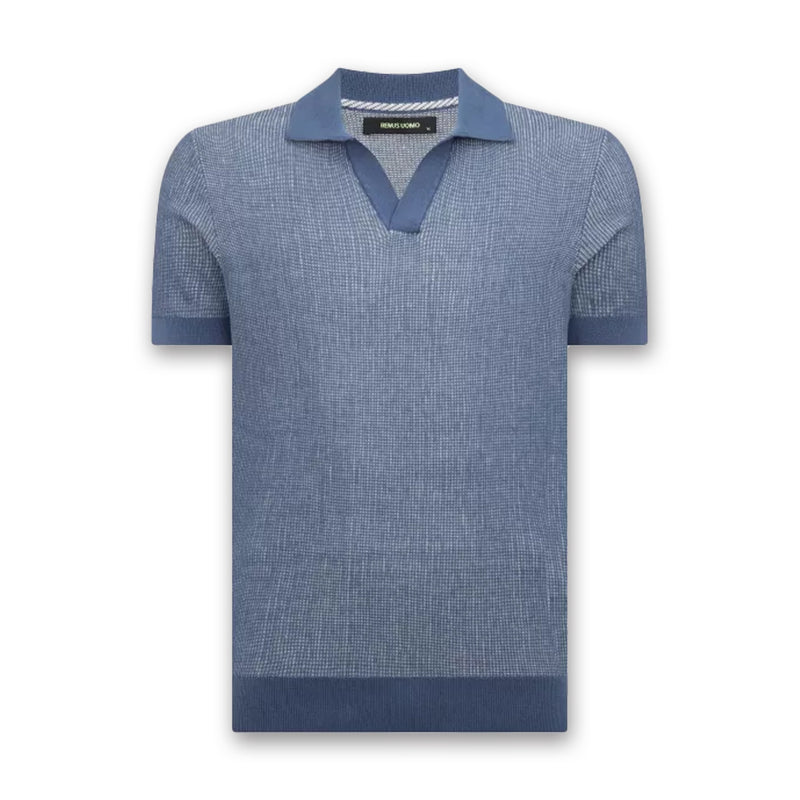 Remus - Slim Fit Open Collar Knit Polo in Blue