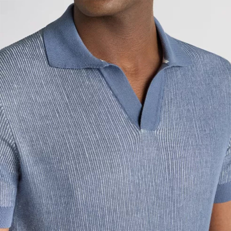 Remus - Slim Fit Open Collar Knit Polo in Blue