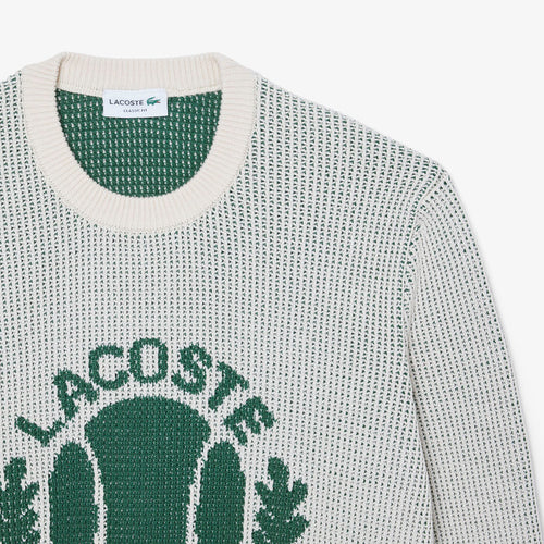 Lacoste - Heritage Jacquard Motif Cotton Sweater in White/Green