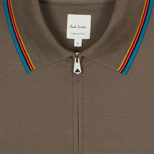 Paul Smith - 'Signature Stripe' Trim Zip Polo Shirt in Taupe - Nigel Clare