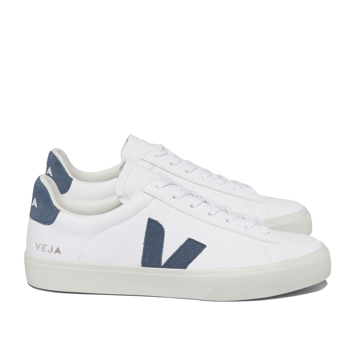 Veja Campo Chromefree Leather Trainer in White/Blue Nigel Clare