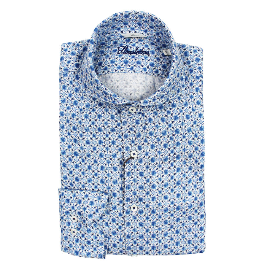 Stenstroms - Sicilian Tiles Casual Slimline Linen Shirt in Blue - Nigel Clare