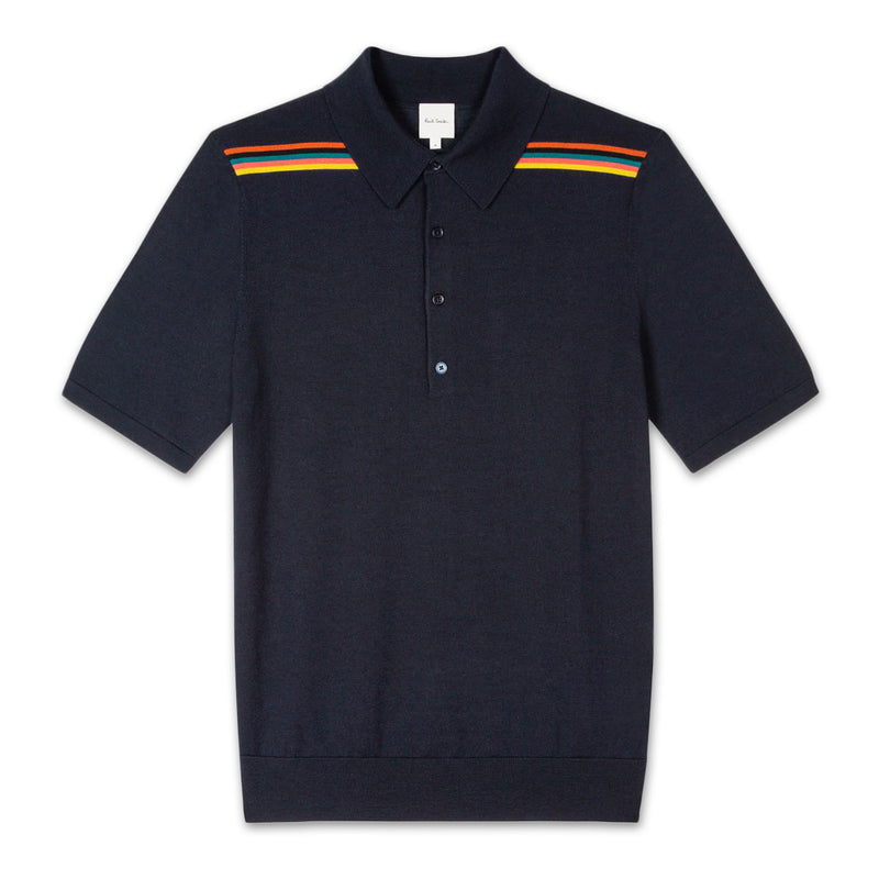 Paul Smith - 'Artist Stripe' Merino Knitted Polo Shirt in Navy - Nigel Clare