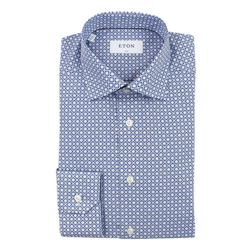 Eton - Slim Fit Geometric Print Shirt in Blue & White - Nigel Clare