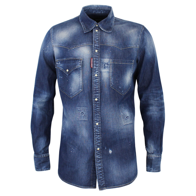 DSQUARED2 - Rip & Repair Distressed Denim Shirt in Blue - Nigel Clare