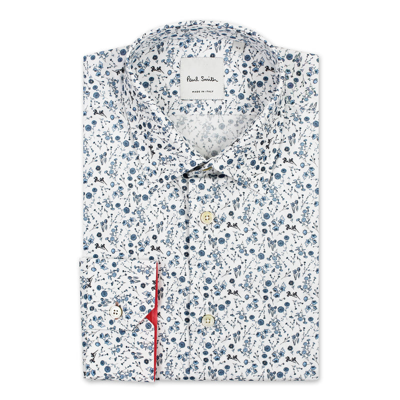 Paul Smith - Tailored 'Artist Stripe' Cuff Floral Shirt in White - Nigel Clare